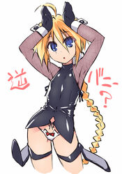  :o adapted_costume ahoge arms_up black_gloves blonde_hair blue_eyes bow bow_panties braid braided_ponytail cropped_legs female fishnets flat_chest girl_with_a_blonde_braid_(tomoshibi_hidekazu) gloves hair_between_eyes looking_up original panties rabbit_pose simple_background single_braid sleeveless solo thigh_strap tomoshibi_hidekazu underwear white_background white_panties 