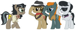  biff_(mlp) black_eyeliner blue_eyes brown_eyes caballeron_(mlp) clothing cutie_mark earth_pony equid equine evilfrenzy eye_scar eyeliner eyewear facial_scar fedora female feral friendship_is_magic gesture green_eyes hasbro hat headgear headwear hi_res horse kerchief makeup mammal mtf_crossgender my_little_pony neckerchief pony rogue_(mlp) rule_63 salute scar shirt sunglasses topwear vest withers_(mlp) 