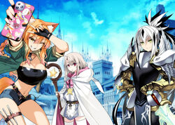  3girls animal_ears armor black_hair blue_sky blush breasts castle cellphone fate/grand_order fate/kaleid_liner_prisma_illya fate_(series) fox_ears fox_girl green_eyes grin hair_between_eyes high_ponytail illyasviel_von_einzbern ishida_akira large_breasts long_hair looking_at_viewer multicolored_hair multiple_girls nagao_kagetora_(fate) one_eye_closed orange_eyes orange_hair phone red_eyes sidelocks sky small_breasts smile staff suzuka_gozen_(fate) sword thighs two-tone_hair uesugi_kenshin_(fate) very_long_hair weapon white_hair 