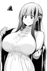  :t blunt_bangs breasts female fern_(sousou_no_frieren) fingernails highres huge_breasts long_hair monochrome pout simple_background solo sousou_no_frieren upper_body white_background yuki_mizore 