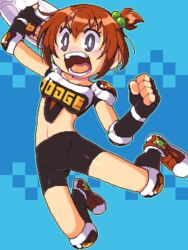  armor ball bike_shorts blue_background breastplate bright_pupils clenched_hand dodgeball elbow_pads female fingerless_gloves gloves hair_bobbles hair_ornament holding holding_ball honoo_no_toukyuujo:_dodge_danko ichigeki_danko jumping knee_pads kneehighs lillithlauda navel one_side_up open_mouth pixel_art purple_eyes red_footwear red_hair shoes short_hair shoulder_armor socks solo teeth white_pupils 