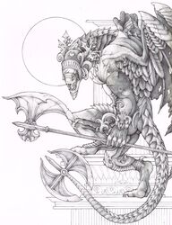 2014 absurd_res ambiguous_gender armor axe bell_gargoyle chain_around_arm chains claws dark_souls digitigrade fangs feathered_wings feathers fromsoftware gargoyle headgear helmet hi_res holding_axe holding_object holding_weapon huge_filesize humanoid membrane_(anatomy) membranous_wings monochrome monster muscular muscular_humanoid open_mouth pose rock sculpture sharp_teeth simple_background snout solo standing statue tail teeth tongue unknown_artist weapon weapon_tail white_background wings