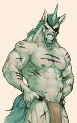 2014 abs anthro areola athletic beard biceps big_muscles biped blue_eyes blue_hair blue_tail bottomwear clothed clothing equid equine eye_patch eyewear facial_hair front_view fur green_mane hair hands_on_hips horn inorog loincloth male mammal mane musclegut muscular muscular_anthro muscular_male mythological_creature mythological_equine mythology nipples pecs pockyrumz pose scar simple_background solo standing tail topless unicorn vein white_body white_fur