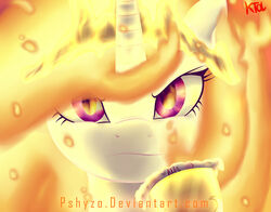 2014 angry bright_light daybreaker_(mlp) equid equine eyelashes female feral fire fire_in_eyes flaming_background flaming_hair friendship_is_magic fur hasbro headshot_portrait hi_res horn looking_at_viewer mammal mouth_closed my_little_pony mythological_creature mythological_equine mythology portrait pregnancy_test pseudo_hair pshyzo purple_eyes signature solo unicorn unicorn_horn white_body white_fur