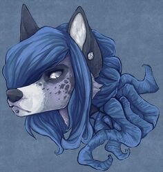 2014 ambiguous_gender anthro blue_hair canid canine ear_piercing facial_piercing fox fur grey_eyes hair headshot_portrait inky inner_ear_fluff jewelry lip_piercing long_hair looking_at_viewer mammal piercing portrait sad simple_background snout solo spiffybunny spots tuft