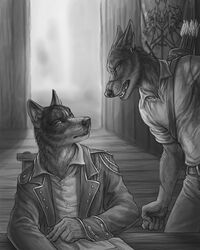 2014 4:5 angry anthro argument arrow_(weapon) canid canine canis claws clothing digital_media_(artwork) duo ear_piercing fangs greyscale luther_denholme male mammal monochrome piercing quiver_(object) ranged_weapon ransom rukis scar shaded sitting story story_in_description teeth tongue weapon wolf