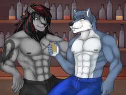 4:3 abs alcohol anthro athletic bar beer beverage biceps black_hair black_nipples black_nose blue_body blue_fur blue_hair bottomwear canid canine canis clothed clothing denim denim_bottomwear denim_clothing duo felid food fur green_eyes grey_body grey_fur grin hair jeans karmakat lion lukwos male mammal muscular nipples pantherine pants pecs pose rain-yatsu red_hair sitting smile tattoo topless white_body white_fur wolf yellow_eyes