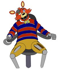 animatronic anthro biped canid canine charrua chris_chan clothing cosplay crossover eye_patch eyewear five_nights_at_freddy&#039;s fox foxy_(fnaf) heterochromia hi_res machine male mammal parody robot scottgames shirt simple_background sitting solo sonichu_(character) sonichu_(series) sonichu_medallion topwear white_background