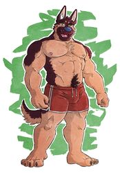 abs anthro athletic athletic_wear barefoot biceps big_muscles biped blue_nose body_hair bottomwear canid canine canis chest_tuft clothed clothing coach domestic_dog feet fur german_shepherd green_eyes gym_bottomwear gym_shorts hair happy_trail herding_dog hindpaw kumu_(omfgitsmiller) male mammal muscular muscular_anthro muscular_male nipples omfgitsmiller pastoral_dog paws pecs pubes shorts solo sport topless tuft