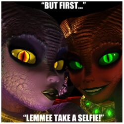 1:1 3d_(artwork) border demon digital_media_(artwork) duckface duo english_text ezria female green_sclera horn humanoid humor janner3d scales selfie smile text white_border xelthia yellow_sclera