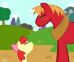 accessory apple_bloom_(mlp) big_macintosh_(mlp) bow_(feature) bow_accessory bow_ribbon centered_hair_bow chewing chewing_grass cloud duo earth_pony equid equine female feral freckles friendship_is_magic grass hair hair_accessory hair_ribbon hairbow hasbro hill horse male mammal my_little_pony object_in_mouth outside plant pony ribbons sky slypon staredown tree wheat