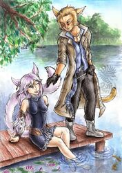 animal_humanoid drerika duo felid female hair hi_res humanoid lake male mammal outside pencil_(object) pink_hair traditional_media_(artwork) water watermark