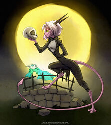 0strolist 2014 3_toes ambiguous_gender anthro bone breasts clothed clothing cuddles_vincent dreamkeepers duo feet female female_focus green_eyes hair halloween hi_res holidays horn moon namah_calah pink_body pose ryuu-neko skull smile solo_focus spade_tail tail toes white_hair yellow_sclera