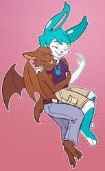 2014 anthro bat batnbun blue_hair blush closed_eyes clothing cuddling duo fangs female fur hair lagomorph leaf-nosed_bat male male/female mammal membrane_(anatomy) membranous_wings microbat robo-shark simple_background sleeping smile teeth vampire_bat white_body white_fur wings yangochiropteran