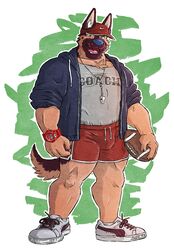 american_football anthro athletic_wear ball biped blue_nose bottomwear canid canine canis clock clothing coach domestic_dog english_text footwear furgonomics german_shepherd green_eyes gridiron_ball gym_bottomwear gym_shorts hat headgear headwear herding_dog holding_ball holding_object hoodie kumu_(omfgitsmiller) male mammal nike omfgitsmiller pastoral_dog puma_(company) shirt shoes shorts solo sport text text_on_clothing text_on_shirt text_on_topwear topwear watch whistle_(object)