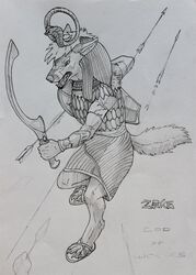 2014 angry anthro armor arrow_(weapon) biological bottomwear bracers canid canine canis clothing dodging egyptian egyptian_clothing egyptian_headdress fangs footwear headdress headgear headwear hi_res khopesh male mammal melee_weapon nemes_(clothing) ranged_weapon reed_sandals running sandals scalemail shaded shendyt shield shirt sickle_sword simple_background sketch skirt solo sword teeth topwear tunic uraeus weapon wolf