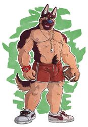 abs american_football anthro athletic athletic_wear ball biceps big_muscles biped blue_nose body_hair bottomwear canid canine canis chest_tuft clock clothed clothing coach domestic_dog footwear fur german_shepherd green_eyes gridiron_ball gym_bottomwear gym_shorts hair happy_trail herding_dog holding_ball holding_object kumu_(omfgitsmiller) male mammal muscular muscular_anthro muscular_male nipples omfgitsmiller pastoral_dog pecs pubes puma_(company) shoes shorts solo sport topless tuft watch whistle_(object)