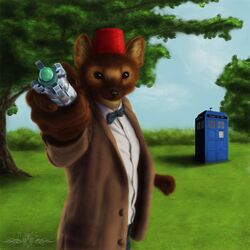 1:1 5_fingers anthro biped black_eyes black_nose bow_(feature) bow_tie british_broadcasting_corporation brown_body brown_fur claws clothing day detailed doctor_who eleventh_doctor fez fingers fist fur grass gulonine half-length_portrait hat headgear headwear holding_object holding_tool jacket looking_at_viewer male mammal marten mustelid musteline outside outstretched_arm pine_marten plant police_box portrait shirt sky solo sonic_screwdriver standing tardis the_doctor_(doctor_who) tools topwear tree ykoriana