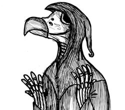 2011 2014 5_fingers accipitriform animated_skeleton anthro assassin avian beak bird black_and_white bone bram_(character) cloak clothed clothing corvid corvus_(genus) crow eyewear fingers goggles hood humanoid_hands male mask monochrome mr_jellyfish_(artist) oscine passerine plague plague_doctor raven simple_background skeleton skull smile solo undead vulture white_background