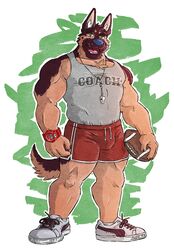 american_football anthro athletic_wear ball biped blue_nose bottomwear canid canine canis clock clothing coach domestic_dog english_text footwear german_shepherd green_eyes gridiron_ball gym_bottomwear gym_shorts herding_dog holding_ball holding_object kumu_(omfgitsmiller) male mammal omfgitsmiller pastoral_dog puma_(company) shirt shoes shorts solo sport text text_on_clothing text_on_shirt text_on_topwear topwear watch whistle_(object)