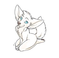 2014 ambiguous_gender anthro biped blue_eyes canid canine fennec_fox fox kneeling kwik_(artist) looking_at_viewer looking_up mammal simple_background solo true_fox white_background