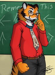 anthro baljet chalkboard clefairy_says clothing eyewear felid generation_6_pokemon glasses happy hi_res honedge information_board kabigon male mammal nintendo pantherine pokemon pokemon_(species) print_clothing school smile solo teacher tiger