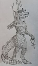 2014 ambiguous_gender anthro atef_crown biological clothing crocodile crocodilian crocodylid crown deity egyptian egyptian_clothing egyptian_headdress headdress headgear headwear hi_res melee_weapon nemes_(clothing) polearm radiant_crown reptile scales scalie shaded shendyt shirt simple_background sketch sobek solo staff teeth topwear tunic weapon