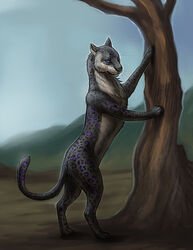 2014 biological blue_eyes detailed_background felid female feral fur green_body green_fur leopard looking_at_viewer mammal mountain outside pantherine plant pose purple_body purple_fur scenery shaded solo standing tree