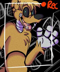 animatronic anthro black_nose blonde_hair blue_eyes brown_body brown_fur facial_markings five_nights_at_freddy&#039;s fur hair head_markings herpestid hi_res machine male mammal markings mongoose pandasocks robot scottgames seth_h&auml;ser solo