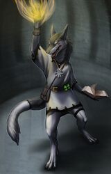 2014 ambiguous_gender anthro biological blue_eyes book charm_(disambiguation) claws fur grey_body grey_fur hi_res holding_book holding_object magic mammal potion sergal solo spellcasting tail tattoo teeth tongue white_body white_fur