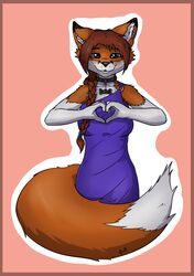 2014 anthro asami badge biped blue_eyes border braided_hair canid canine clothing collar collar_tag dress female fox freckles fuzzywuff gloves_(marking) hair heart_symbol jewelry looking_at_viewer mammal markings necklace red_border signature smile solo standing