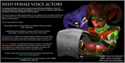 3d_(artwork) advertisement armor big_breasts breasts confusion demon digital_media_(artwork) duo english_text ezria female gem glowing green_sclera hand_on_mouth hand_on_shoulder hi_res humanoid janner3d paper purple_body purple_scales red_body red_scales scales script text unconvincing_armor url xelthia yellow_sclera