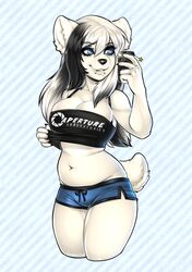 2014 alternative_fashion anthro bear blue_eyes bottomwear breasts cellphone clothed clothing digital_media_(artwork) dolphin_shorts electronics emo facial_piercing female fur hair hi_res holding_object holding_phone lip_piercing lip_ring mammal multicolored_hair navel pattern_background phone phone_charm piercing polar_bear portal_(series) potbelly ring_piercing selfie shayde shorts simple_background slightly_chubby snakebite_piercing solo striped_background topwear tube_top underwear ursine valve white_body white_fur xenthyl