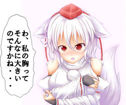 6:5 animal_humanoid armwear bare_shoulders blush breasts canid canid_humanoid canine canine_humanoid canis clothing detached_sleeves embarrassed female fingerless_gloves gloves hair handwear hat headgear headwear humanoid japanese_text looking_at_viewer mammal mammal_humanoid momiji_inubashiri oohirakeisuke open_mouth red_eyes short_hair simple_background solo text tokin_hat touhou translation_request white_background white_hair wolf wolf_humanoid wolf_tail