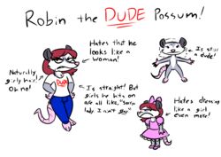 american_opossum angry anthro clothed clothing crossdressing english_text femboy male mammal marsupial model_sheet robin_(rusheloc) rusheloc side_view solo text virginia_opossum