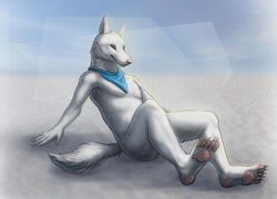 2014 anthro arctic_wolf bandana biological blue_eyes canid canine canis censored claws clothing convenient_censorship feet foot_focus fur kerchief leucistic looking_at_viewer male mammal nude pawpads paws pink_nose pink_pawpads plantigrade pose reclining shane_(copyright) shane_(shane) solo white_body white_fur wolf zarathus