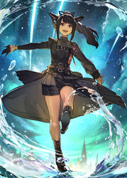  animal_ears aqua_background aqua_theme black_eyes black_gloves black_hair cat_ears commission cosplay facial_mark female final_fantasy final_fantasy_xiv gloves half_gloves hide_(hideout) highres hololive hoshimachi_suisei hoshimachi_suisei_(cosplay) hoshimachi_suisei_(shout_in_crisis) long_hair miqo&#039;te open_mouth original ponytail shorts single_half_glove skeb_commission solo virtual_youtuber warrior_of_light_(ff14) water whisker_markings 