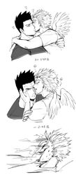  2boys absurdres alternate_costume boku_no_hero_academia couple cropped_shoulders endeavor_(boku_no_hero_academia) facial_hair feathered_wings greyscale hand_on_another&#039;s_face hawks_(boku_no_hero_academia) heart helen_roro highres kissing male_focus mature_male monochrome multiple_boys muscular muscular_male pectorals pushing pushing_away scar scar_across_eye scar_on_face sequential short_hair sideburns spiked_hair stubble wings yaoi 