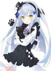  absurdres animal animal_hug apron black_apron black_cat black_hairband black_headwear black_ribbon blush bow checkered commentary_request dress facial_mark feline female flying_sweatdrops frilled_apron frills girls&#039;_frontline green_eyes grey_hair hair_ornament hair_ribbon hairband hat highres hk416_(black_kitty&#039;s_gift)_(girls&#039;_frontline) hk416_(girls&#039;_frontline) long_hair long_sleeves looking_at_viewer mini_hat mini_top_hat mint_(psmin30) official_alternate_costume parted_lips photoshop_(medium) ribbon simple_background solo tilted_headwear top_hat two_side_up very_long_hair white_background white_dress 