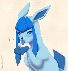  ambiguous_gender blue_body blue_eyes blue_fur blue_nose blush brown_hair clothed clothing duo eeveelution extreme_size_difference eyelashes fan_character female_(lore) feral footwear fur generation_4_pokemon glaceon hair hand_lick hi_res human icelyn_(emu34b) larger_ambiguous larger_feral legwear licking male mammal nintendo pokemon pokemon_(species) question_mark simple_background size_difference smaller_human smaller_male socks standing_in_paw tongue tongue_out unlivingbeast 