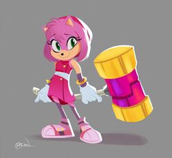  2020 amy_rose anthro biped black_nose clothing eulipotyphlan eyebrows eyelashes female fingers footwear full-length_portrait green_eyes grey_background hair hammer hedgehog hi_res holding_object holding_weapon krossan_(artist) lineless looking_at_viewer mammal piko_piko_hammer pink_clothing pink_footwear pink_hair pink_socks portrait red_hairband sega shoes signature simple_background smile smiling_at_viewer socks solo sonic_boom sonic_the_hedgehog_(series) standing tools weapon 