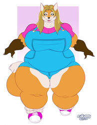  2022 anthro artist_name big_breasts blonde_hair breasts canid canine clothing dedoarts female fox hair hi_res mammal michelle_(xxsparcoxx) obese open_mouth overalls overweight overweight_female solo thick_thighs 