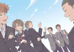  5boys ^_^ black_hair black_jacket black_pants black_skirt blazer blue_sky boutonniere brown_hair closed_eyes cloud collared_shirt corsage covering_face day diploma dutch_angle embarrassed female flower gakuran graduation grey_hair grey_jacket hand_on_own_face hand_up highres hitomi_mako holding jacket kanda_tadaomi kurauchi_kazuki kuro_n314 light_brown_hair long_sleeves looking_at_another looking_away looking_back mizukami_satoshi_(world_trigger) multicolored_hair multiple_boys murakami_kou neckerchief necktie orange_hair ouji_kazuaki outdoors pants pink_flower plaid_necktie pleated_skirt profile red_neckerchief school_uniform shirt short_hair skirt sky standing sweatdrop tube two-tone_hair waving white_shirt world_trigger 