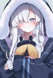  akitokage anastasia_(fate) anastasia_(under_the_same_sky)_(fate) blue_eyes blush breasts coat doll fate/grand_order fate_(series) female hair_over_one_eye highres hood hood_up hooded_coat large_breasts long_hair looking_at_viewer smile very_long_hair viy_(fate) white_hair winter_clothes winter_coat 