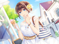  bad_id bad_pixiv_id bag blue_eyes blue_skirt blurry blurry_background blush braid brown_hair building collarbone commentary_request day depth_of_field dress dutch_angle female flower food gelato_(food) hair_flower hair_ornament hand_to_own_mouth holding holding_food jewelry looking_at_viewer mannequin mono_lith original outdoors parted_lips pendant ring seashell see-through shell short_sleeves skirt solo striped tree wedding_ring white_dress window yellow_flower 