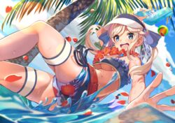  ass bikini blonde_hair blue_eyes breasts commentary commentary_request cucouroux_(granblue_fantasy) day female flower flower_necklace granblue_fantasy lei long_hair medium_breasts ocean palm_tree panda_inu petals smile solo swimsuit thigh_strap tree twintails underboob visor_cap water water_gun 