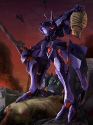  aircraft alien assault_visor beta_(muv-luv) blood commentary_request f-4j_gekishin helicopter highres hiwa_industry holding_head mecha muv-luv muv-luv_alternative no_humans one-eyed red_eyes red_sky robot sky smoke solo_focus standing tactical_surface_fighter type_00_takemikazuchi 