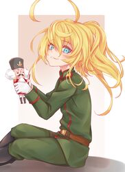  ahoge bad_id bad_pixiv_id being_x blonde_hair commentary female gloves hair_between_eyes huge_ahoge long_hair looking_at_viewer military military_uniform n15e nutcracker ponytail sitting smile solo tanya_degurechaff uniform white_gloves youjo_senki 