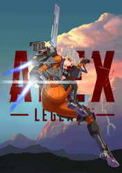  absurdres apex_legends armored_boots ass black_footwear bodysuit boots cloud copyright_name female finger_gun floating hair_behind_ear highres in-universe_location jetpack lightning logo looking_to_the_side mountain orange_bodysuit orange_eyes parted_lips science_fiction smile solo tbocart thrusters valkyrie_(apex_legends) world&#039;s_edge 