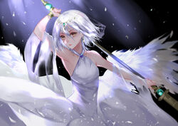  bare_shoulders breasts character_request dress feathers female hair_between_eyes halter_dress halterneck highres holding holding_weapon jewelry looking_at_viewer medium_breasts necklace parted_lips short_hair solo tower_of_saviors vardan weapon weapon_request white_dress white_hair white_wings wings yellow_eyes 